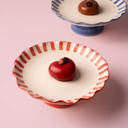 Red Stripe Cake Stand | Handpainted Stoneware