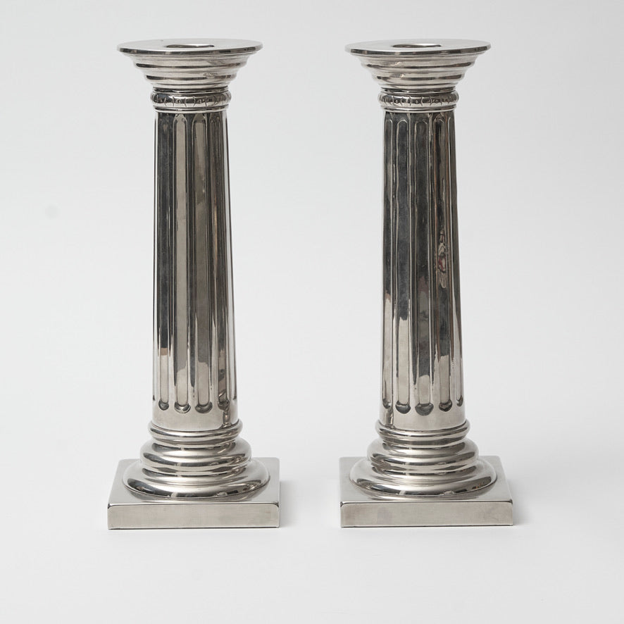 Pair of Extra Large White Metal Empire Column Candlesticks