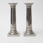 Pair of Extra Large White Metal Empire Column Candlesticks