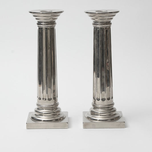 Pair of Extra Large White Metal Empire Column Candlesticks