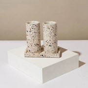 Set of Terrazzo Candle Holders for Shabbat with matching tray - Stone Glow Series