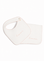 Bib & Burp Cloth Set - Embroidered Pink "L'Amour"