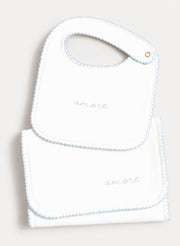 Bib & Burp Cloth Set - Embroidered Blue "Amore"