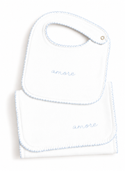 Bib & Burp Cloth Set - Embroidered Blue "Amore"