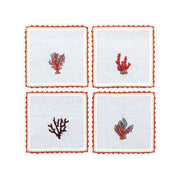 Hand Embroidered Coral Crest Cocktail Napkins 6" x 6" (Set of 4)
