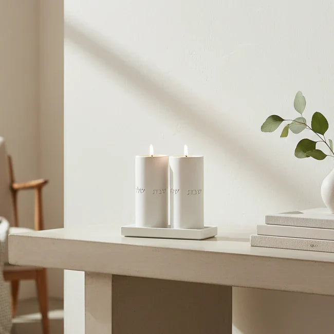 Set of Candle Holders for Shabbat with a designed concrete tray - Stone Glow Series