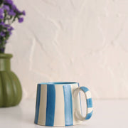 Aqua Blue Stripe Coffee cup | Handpainted Ceramic | 220ml (Set of 2)