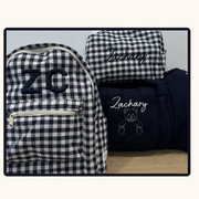 Embroidered Duffle, Pouch & Backpack Set- Navy Gingham