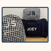 Embroidered Duffle, Pouch & Backpack Set- Navy Gingham