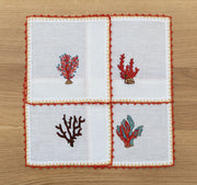 Hand Embroidered Coral Crest Cocktail Napkins 6" x 6" (Set of 4)
