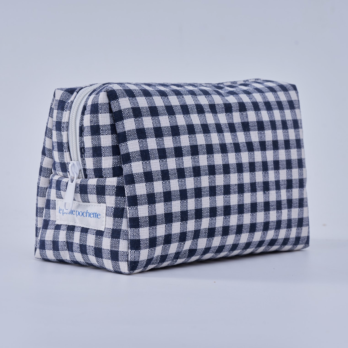 Embroidered Pouch- Navy Gingham
