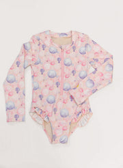 Girls' UPF 50+ Long Sleeve Rashguard Swimsuit — Ruffle Hem
