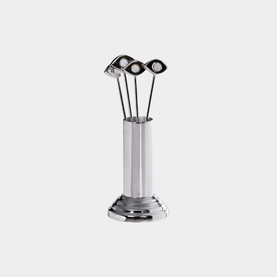 Evil Eye 4-Piece Set Cocktail Picks with Stand, Polished Nickel