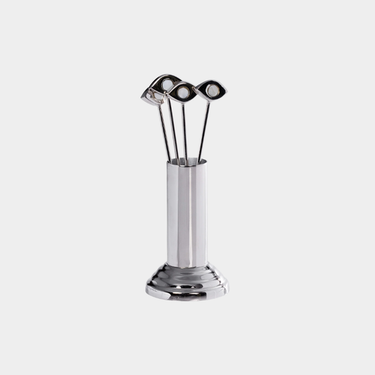 Evil Eye 4-Piece Set Cocktail Picks with Stand, Polished Nickel