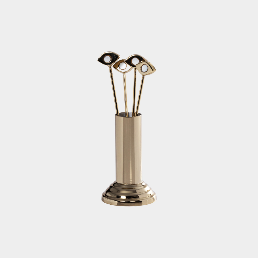 Evil Eye 4-Piece Set Cocktail Picks with Stand, Polished Gold