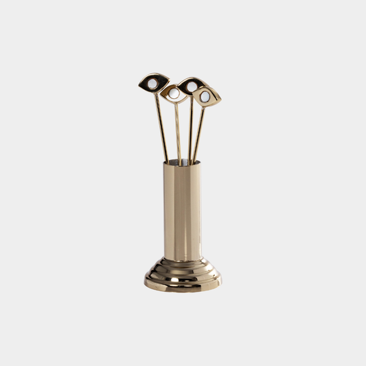 Evil Eye 4-Piece Set Cocktail Picks with Stand, Polished Gold