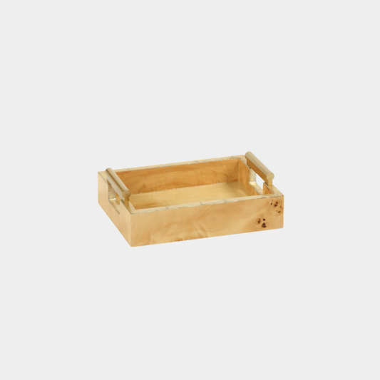 Leiden Burl Wood Rectangular Tray with Gold Handles