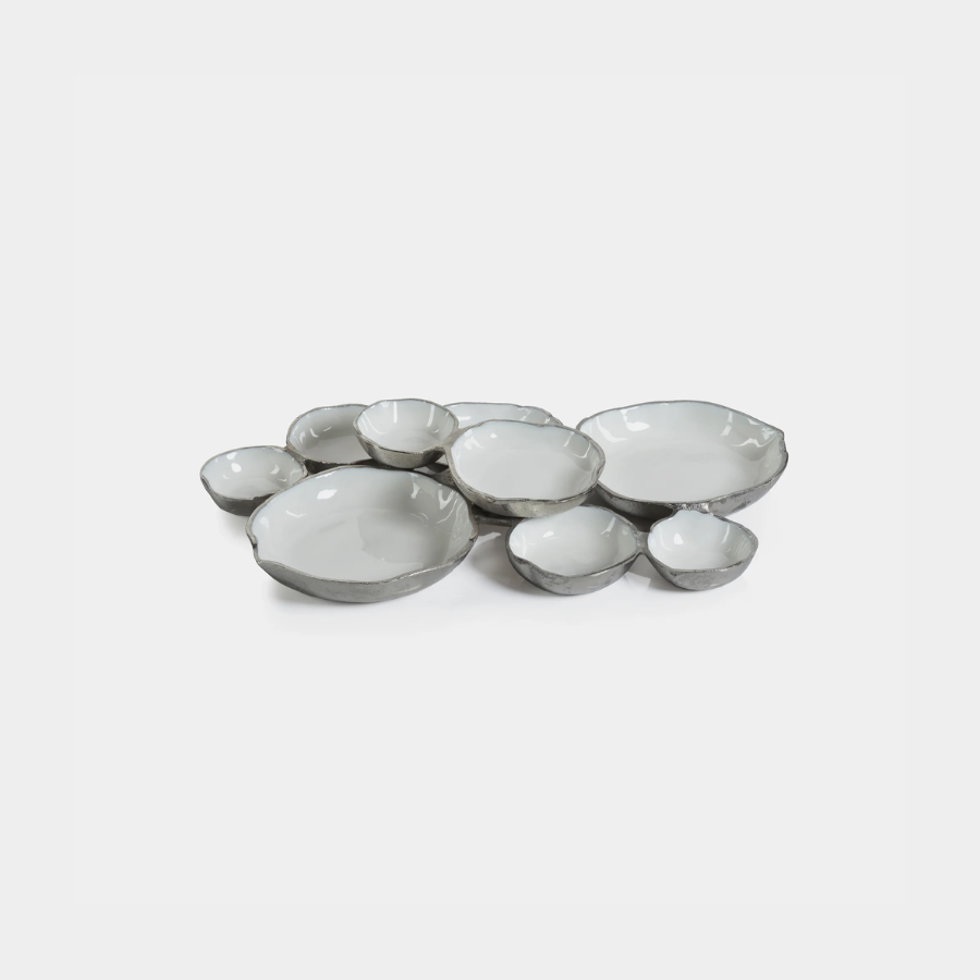 Cluster of Nine Round Serving Bowls in Nickel and White