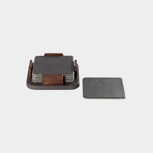 Sotto Leather with Burl Veneer Coaster (Set of 6),  Cedar Green