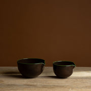 Brown Hand-Blown Glass Spout Bowl with Green Rim