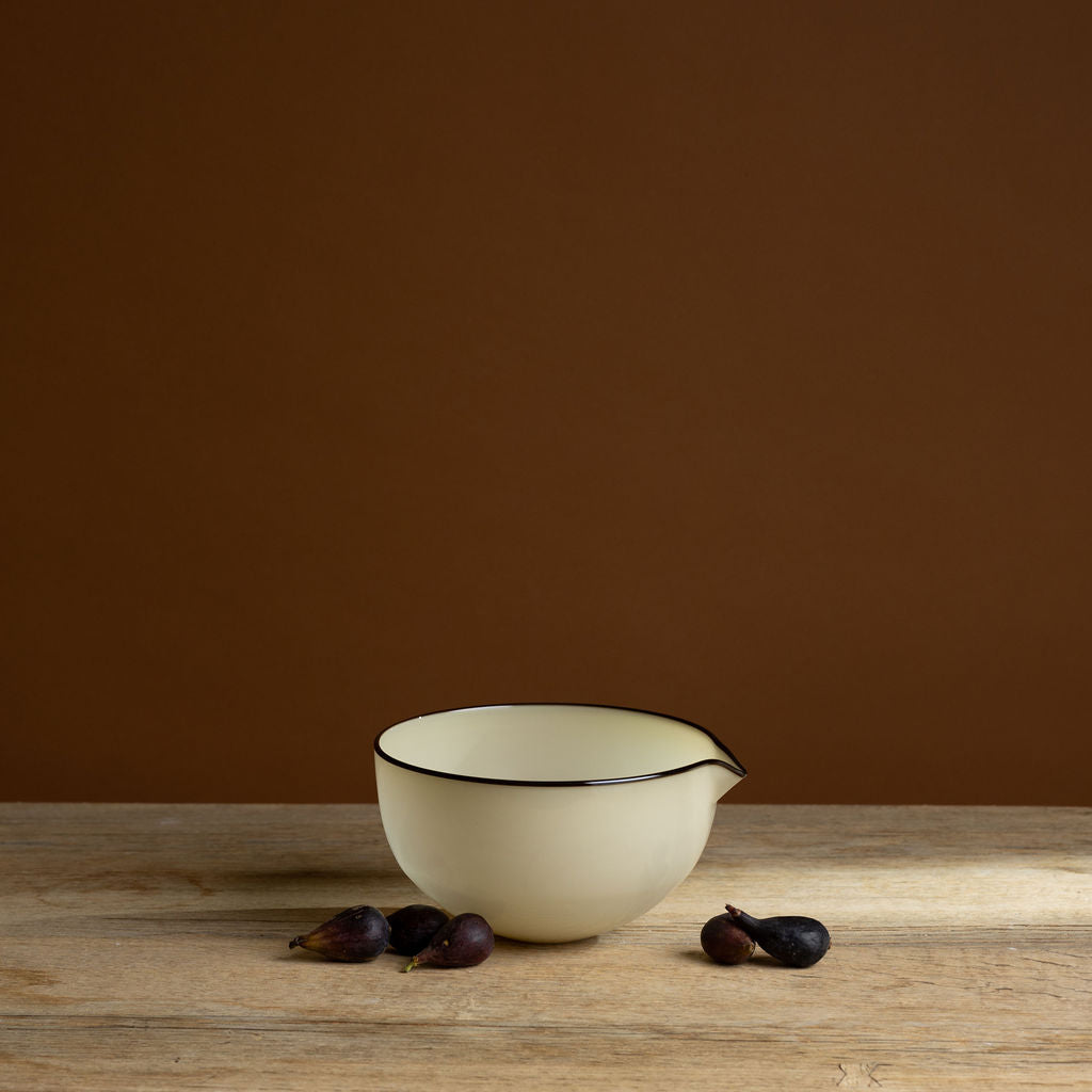 Cream Hand-Blown Glass Spout Bowl with Brown Rim