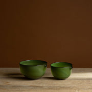 Green Hand-Blown Glass Spout Bowl with Brown Rim