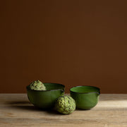 Green Hand-Blown Glass Spout Bowl with Brown Rim