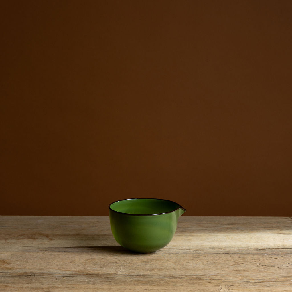 Green Hand-Blown Glass Spout Bowl with Brown Rim