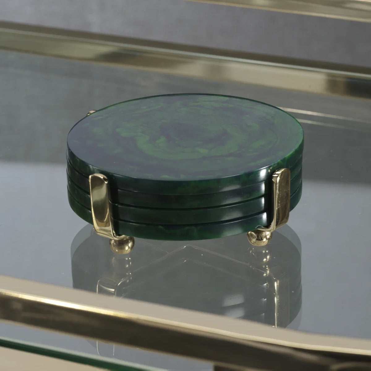 Spiga 4-Piece Set Coasters on Stand, Green with Gold Accent