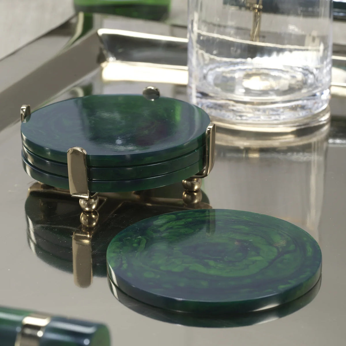 Spiga 4-Piece Set Coasters on Stand, Green with Gold Accent