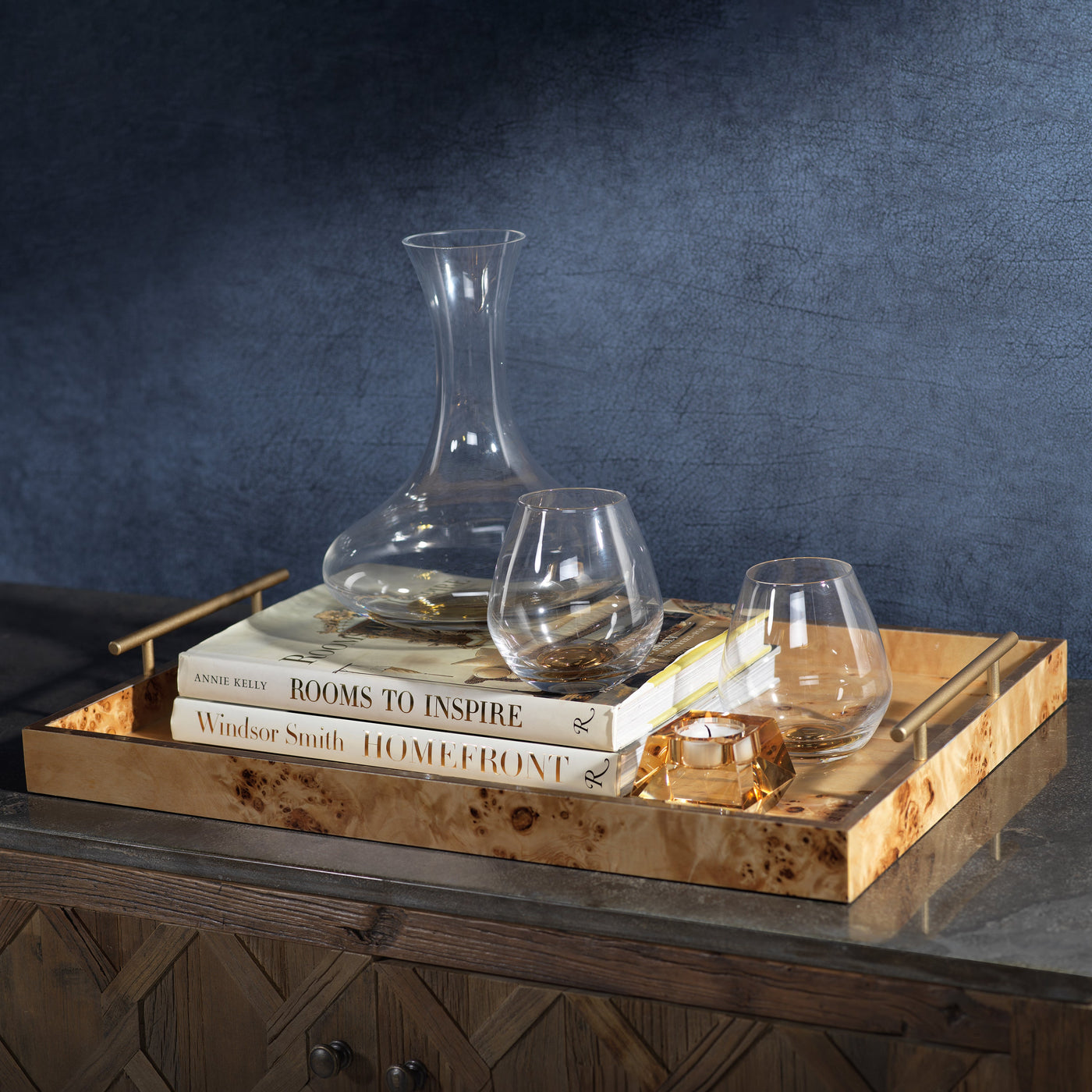 Leiden Burl Wood Design Rectangular Tray with Gold Handles