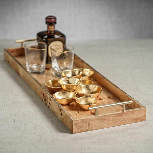 Leiden Burl Wood Rectangular Tray with Gold Handles