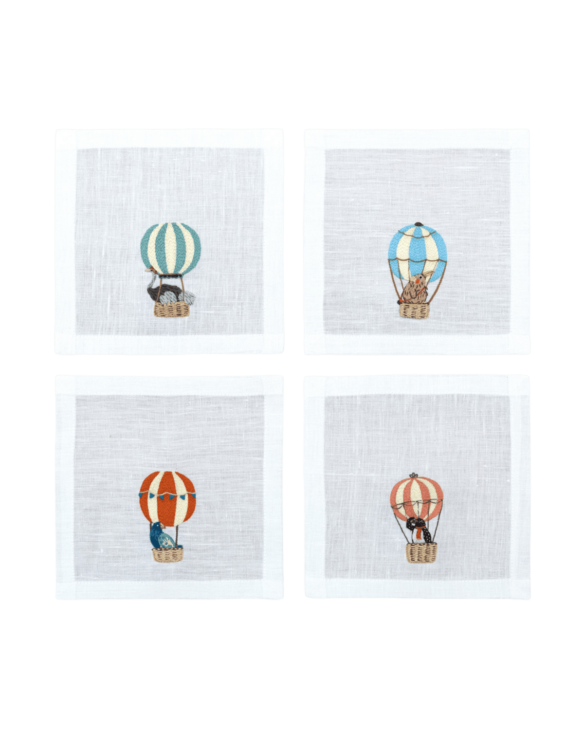 Hand Embroidered Balloon Safari Cocktail Napkins 6" x 6" (Set of 4)