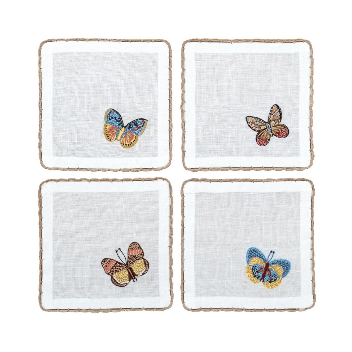 Hand Embroidered Flutter and Lace Cocktail Napkins 6" x 6" (Set of 4)