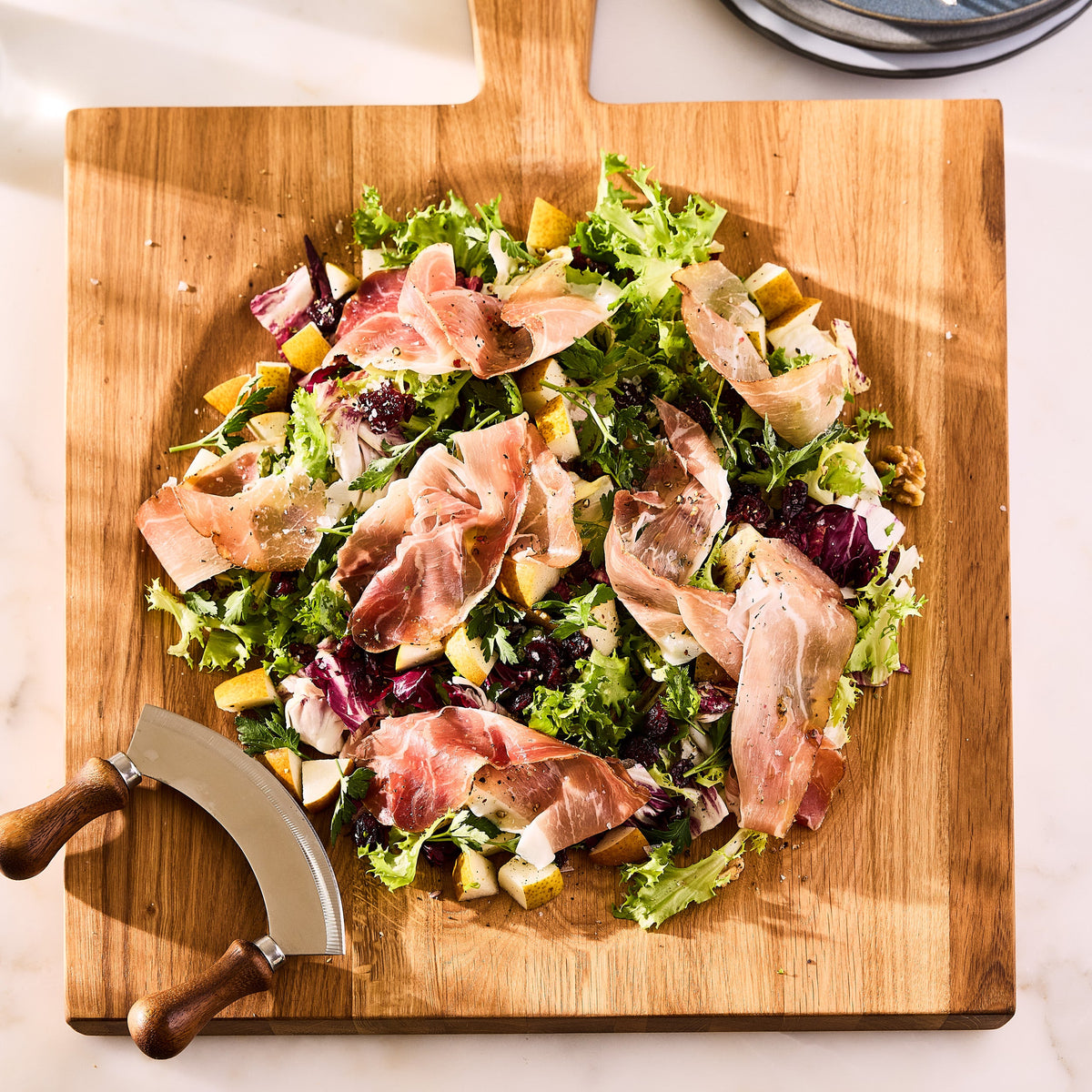 Large Oak Wood Serving Board Bowl with Mezzaluna Blade