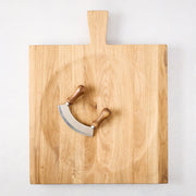 Large Oak Wood Serving Board Bowl with Mezzaluna Blade