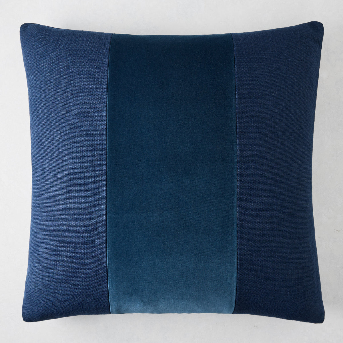 Midnight Blue Tonal Wide Velvet Stripe and Linen Throw Pillow