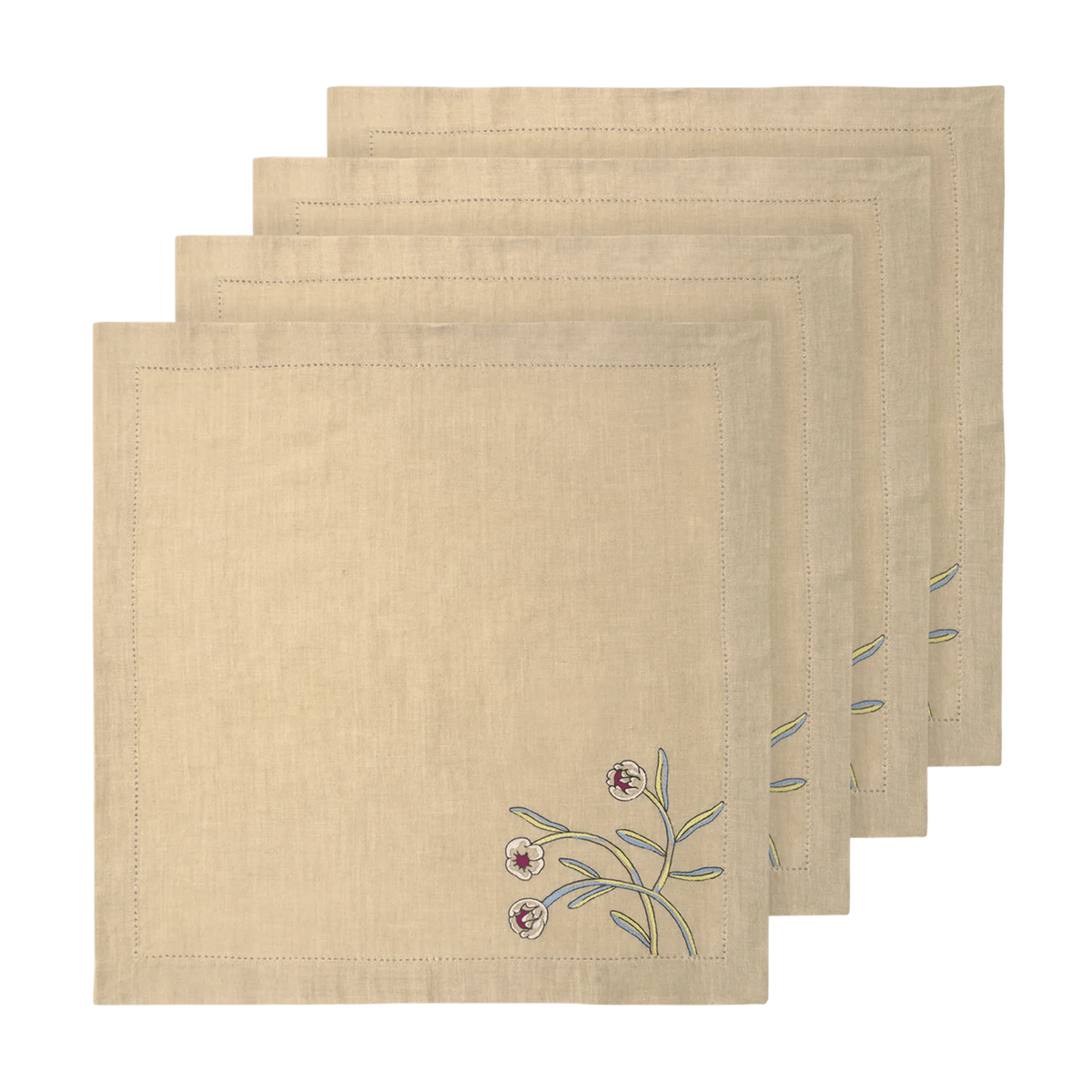 Hand Embroidered Watercolor Bloom Napkins 18" x 18" (Set of 4)