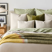 Pesto Green Tonal Wide Velvet Stripe and Linen Square Throw Pillow