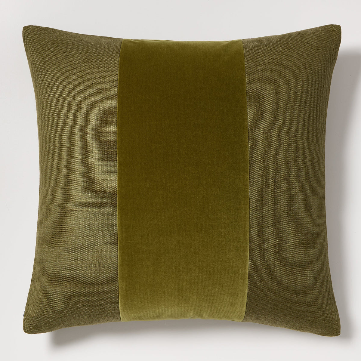 Pesto Green Tonal Wide Velvet Stripe and Linen Square Throw Pillow