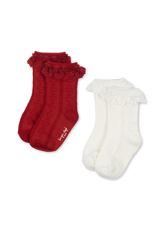 2 Pack Pointelle Frill Socks in Red/Off White