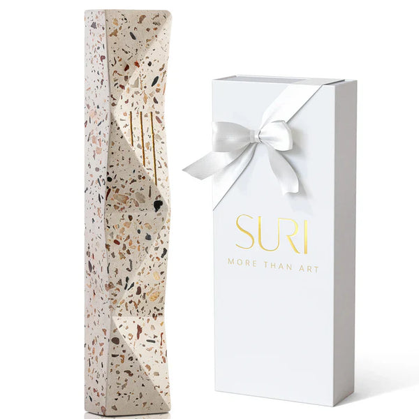 Terrazzo Mezuzah with Gold Engraving in Earthy Natural Tones – Wave Series