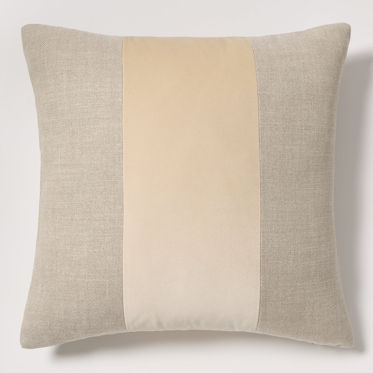 Tan Tonal Wide Velvet Stripe and Linen Square Throw Pillow