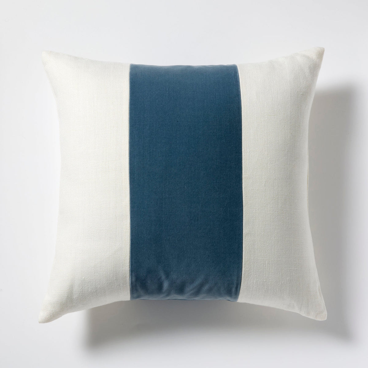 Wedgewood Blue Wide Velvet and Linen Stripe Throw Pillow
